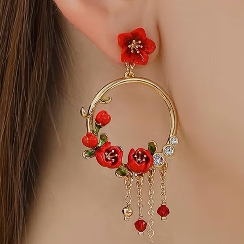 Elegant Red Floral Hoop Dangle Stud Earrings New and unusual